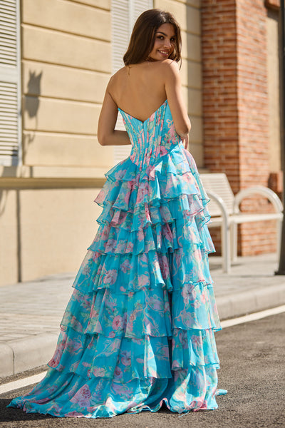 Fashion A Line Scoop Neck Floral Chiffon Tiered Prom Dress with Beading VL25122109