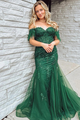 Glitter Dark Green Mermaid Long Lace Prom Dress with Feathers VL011239