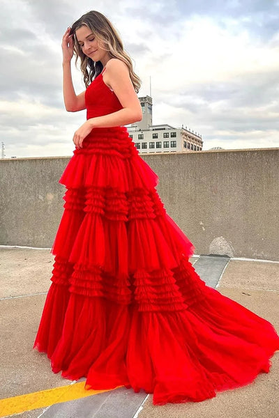 Red Tulle Spaghetti Straps Long Prom Dress VL011245