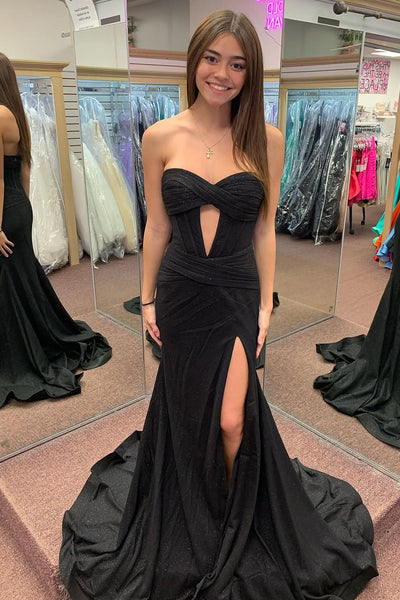 Cute Mermaid Sweetheart Keyhole Black Satin Prom Dress Evening Dress with Slit VL24121802