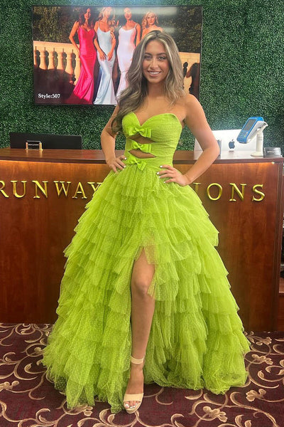 Unqiue A-Line Strapless Green Ruffle Tiered Tulle Long Prom Dress with Slit VL4062601