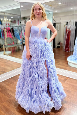 A-Line Sweetheart Lavender Ruffle Tulle Long Prom Dresses with Slit VL030501