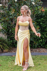 Charming Mermaid Sweetheart Yellow Satin Slit Prom Dress with Cross Back VL24120908