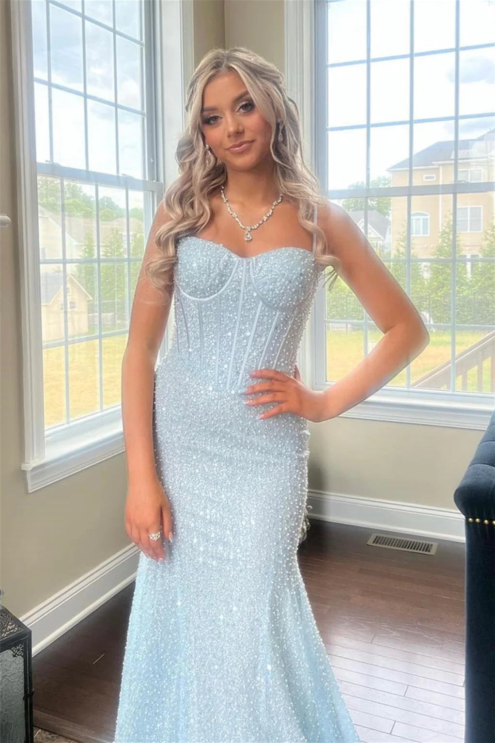 Light Blue Sequins Straps Mermaid Long Prom Dress VL012104