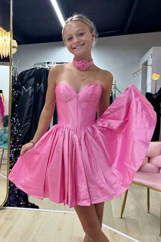 Simple A-Line Sweetheart Pink Satin Short Homecoming Dresses VL24072707