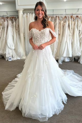 A Line Sweetheart Tulle Long Wedding Dresses with Lace VL24101701