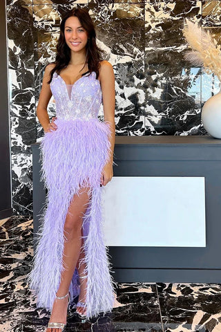 Sheath Spaghetti Straps Light Purple Long Prom Dress with Feather VL011606