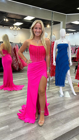 Cute Mermaid Scoop Neck Hot Pink Satin Prom Dresses with Beading VL24092711