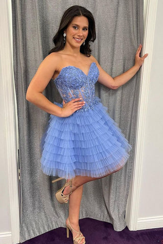 Strapless Ruffule Tiered Lavender Tulle Short Homecoming Dresses VL24071309