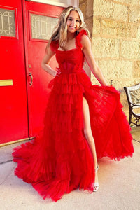 Red A-Line Corset Long Tulle Tiered Prom Dress with Slit VL011242