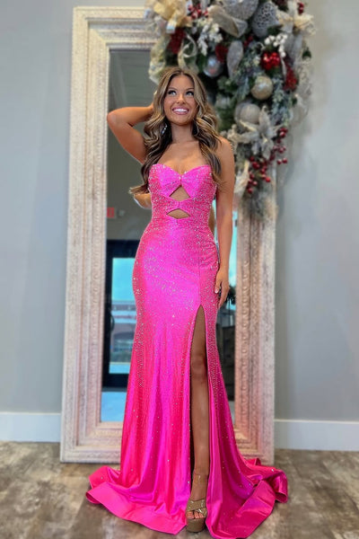 Sparkly Mermaid Sweetheart Pink Satin Slit Prom Dress with Beading VL25010208