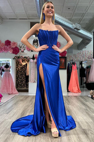 Charming Mermaid Strapless Royal Blue Satin Long Prom Dress with Appliques VL122330