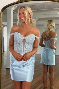 Off the Shoulder Light Blue Homecoming Dress with Appliques VL1080603