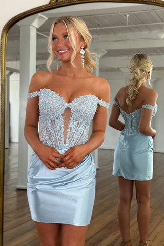 Off the Shoulder Light Blue Homecoming Dress with Appliques VL1080603
