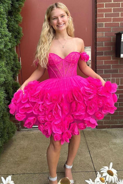 Lovely A-Line Off the Shoulder Fuchsia Short Homecoming Dresses VL24071105