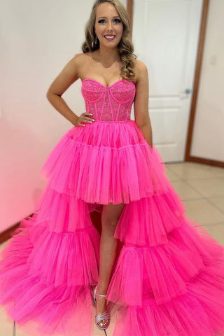 Cute Ball Gown Sweetheart Hot Pink Tulle High Low Prom Dress VL122304