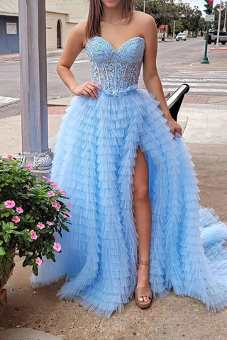 Gorgeous A Line Sweetheart Corset Blue Prom Dress with Appliques VL011342