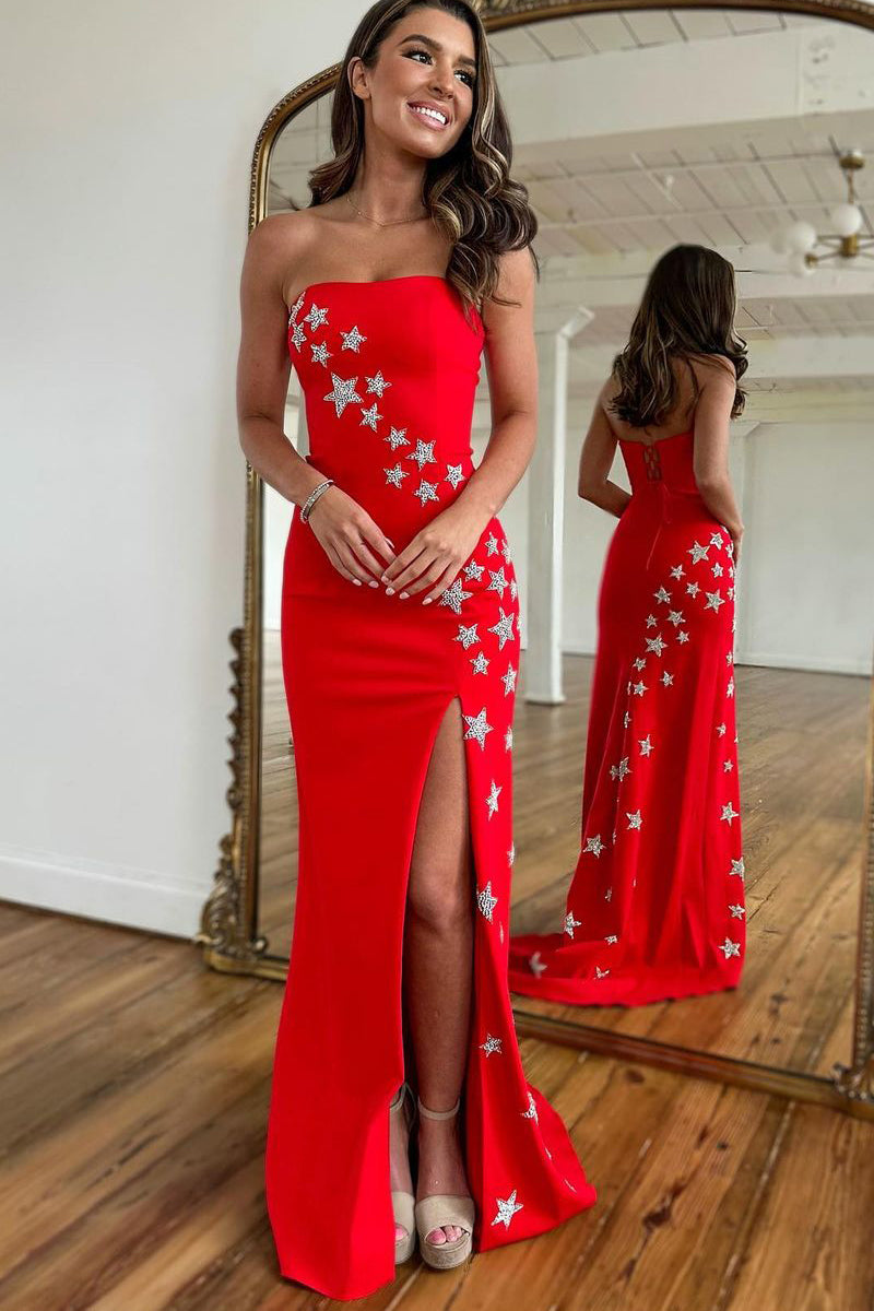 Cute Mermaid Strapless Red Satin Long Prom Dress with Beading VL12233