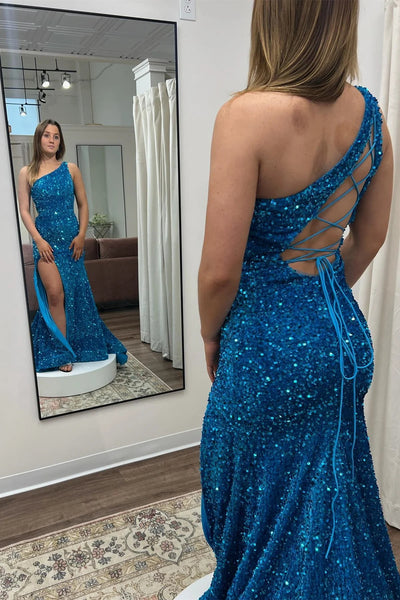 Royal Blue Mermaid One Shoulder Sequins Long Prom Dress with Slit VL011623