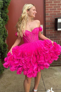 Lovely A-Line Off the Shoulder Fuchsia Short Homecoming Dresses VL24071105