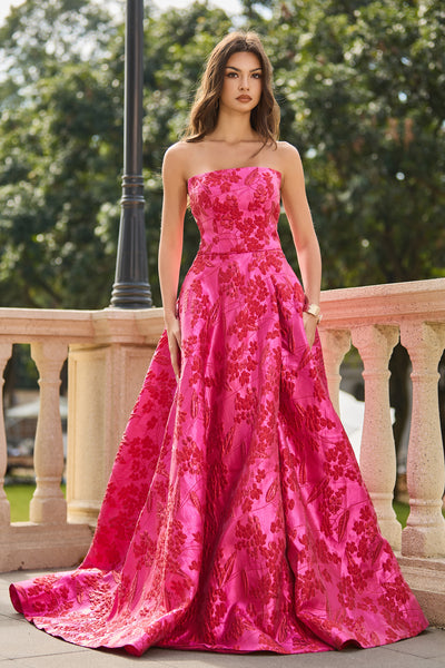 A Line Strapless Red Jacquard Satin Slit Prom Dress with Pockets VL25122111