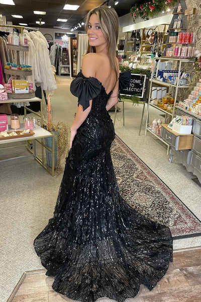 Cute Mermaid Off the Shoulder Black Lace Sequins Prom Dresses with Bow VL24120907