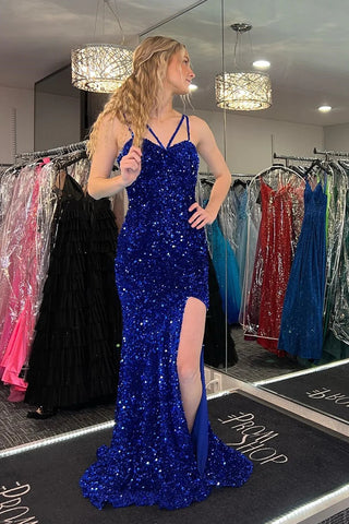 Royal Blue Mermaid Straps Sequins Long Prom Dress with Slit VL011619