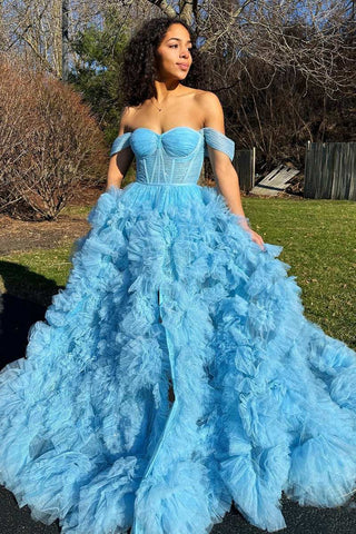 Blue Ruffles Off-the-Shoulder A-Line Prom Gown with Slit VL011630