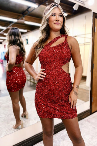 Glitter Bodycon One Shoulder Dark Red Sequins Short Homecoming Dresses VL24071304