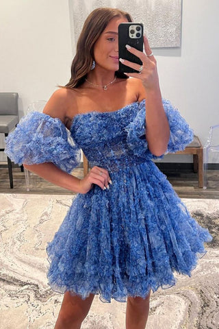 Pretty A-Line Strapless Floral Printed Puff Sleeves Short Homecoming Dresses VL24071503