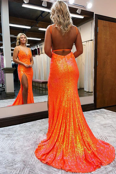 Cute Mermaid V Neck Orange Sequins Long Prom Dress with Appliques VL122216