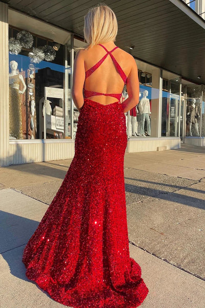 Mermaid Deep V Neck Red Sequins Long Prom Dress with Open Back VL011411