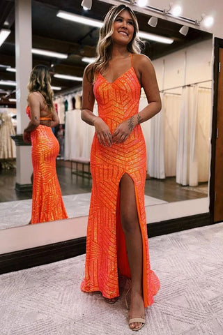 Sheath Spaghetti Straps Orange Sequins Long Prom Dress VL011109