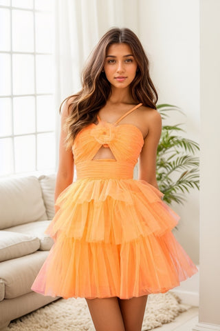 A Line Halter Orange Ruffle Tiered Tulle Short Homecoming Dresses VL24071009