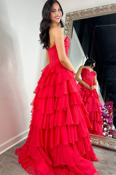 A Line Sweetheart Red Chiffon Tiered Prom Dresses with Slit VL24120901