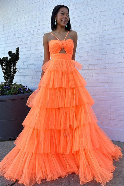 A-Line Sweetheart Orange Tulle Long Prom Dress with Cutout VL020204