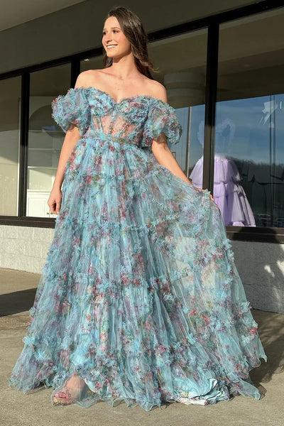 Gorgeous A Line Off the Shoulder Lilac Floral Printed Corset Prom Dress VL012808