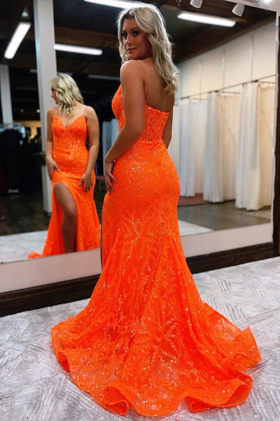 Orange Spaghetti Straps Sequin Lace Mermaid Prom Dress VL011231