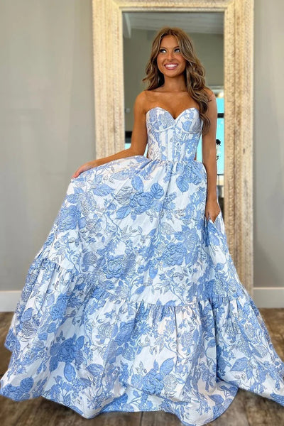 Gorgeous A Line Blue Jacquard Satin Tiered Prom Dress with Pockets VL25010902