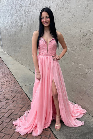 Fairy A Line V Neck Pink Chiffon Long Prom Dresses with Beading VL24112902