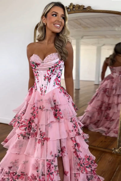 Cute Ball Gown Sweetheart Floral Printed Tiered Prom Dress with Slit VL24122401