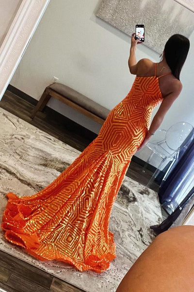 Orange Sequins Mermaid Halter Mermaid Long Prom Dresses VL022604