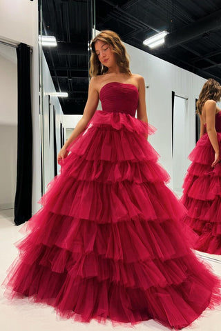 Cute Ball Gown Strapless Dark Red Tiered Tulle Prom Dress VL122705