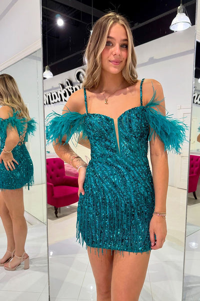 Peacock Blue Cold Shoulder Sequins Tight Homecoming Dresses with Feather VL24080907