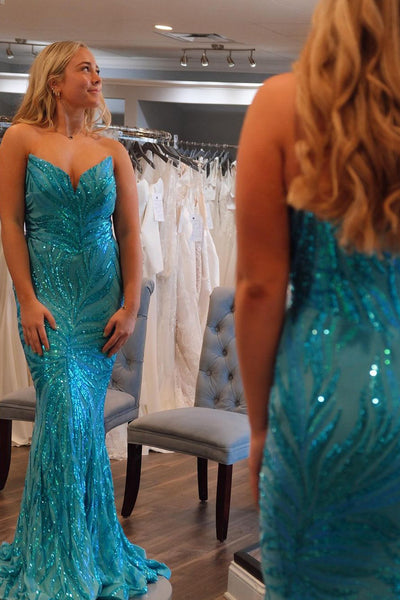 Mermaid Strapless Blue Sequins Appliques Long Prom Dresses VL022802