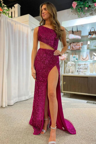 Mermaid One Shoulder Fuchsia Cut Out Prom Dress with Split Front VL011338