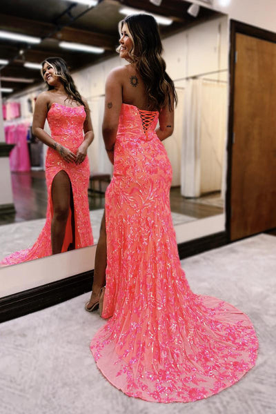 Pretty Mermaid Strapless Coral Sequins Lace Long Prom Dresses VL24070905