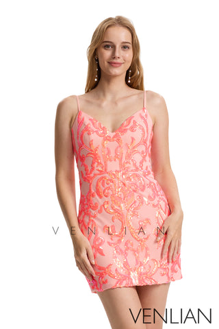 Coral V Neck Sequins Lace Short Homecoming Dresses VL4072003