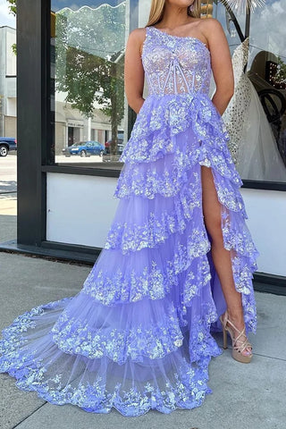 A Line One Shoulder Light Purple Long Prom Dress with Lace Ruffles VL011332