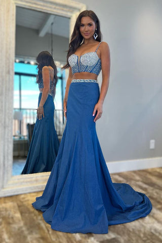 Two Piece Blue Satin Long Prom Dress with Beading VL021102